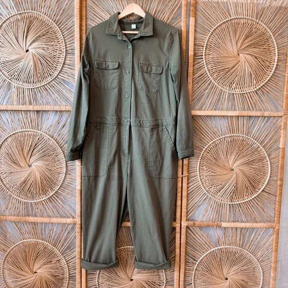 Old Navy Olive Green Coverall Overalls SZ L Jumpsuit Front Buttons Casual - Picture 5 of 5